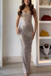 Meridress Strapless Back Slit Rhinestone Bodycon Maxi Party Dress