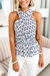 Criss Cross Halter Sleeveless Printed Ruffle Top