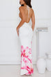 Meridress Halter V Neck Backless Ruched Flower Print Maxi Dress