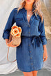 Meridress Rolled Up Long Sleeves Tie Waist Denim Shirt Dress