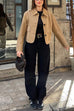 Meridress Lapel Button Up Pocketed Faux Suede Crop Jacket