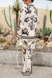 Meridress Coral Reef Print Long Sleeves Blouse Shirt Wide Leg Pants Satin Set