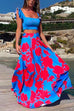 Meridress Square Collar Ruffle Crop Top Maxi Swing Skirt Printed Set