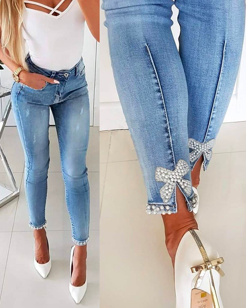 Meridress Bow Knot Pearl Beaded Pencil Denim Pants