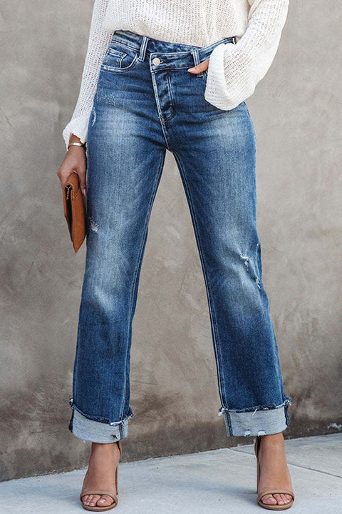 Meridress High Waist Straight Leg Ripped Denim Pants