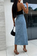 Meridress Button Down Slit Midi Denim Skirt