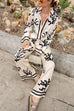 Meridress Coral Reef Print Long Sleeves Blouse Shirt Wide Leg Pants Satin Set