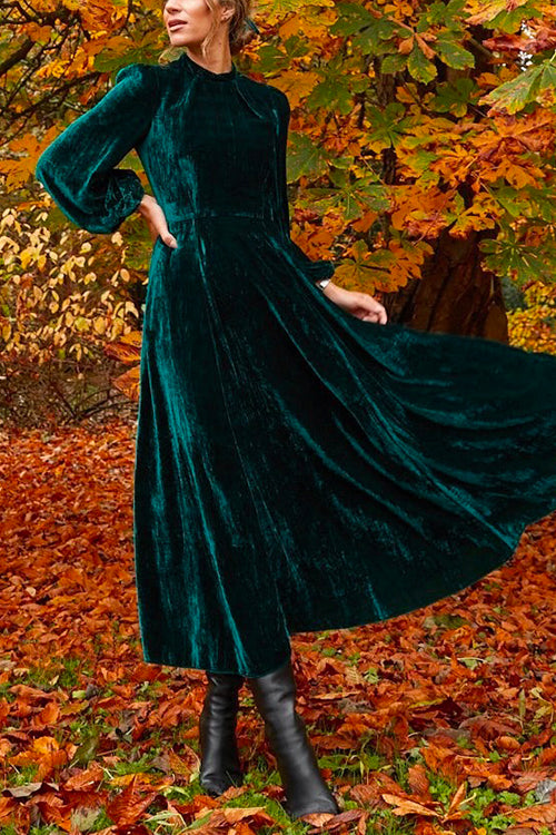 Long Sleeves Waisted Velvet Swing Maxi Dress