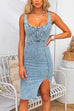 U Neck Zip Up Slit Denim Bodycon Cami Dress