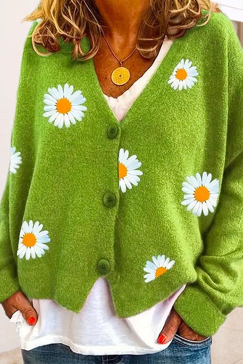 Meridress V Neck Button Up Daisy Embroidery Sweater Cardigan