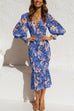 Meridress V Neck Lantern Sleeve Printed Ruffle Dress