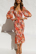 Meridress V Neck Lantern Sleeve Printed Ruffle Dress