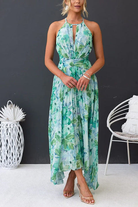 Meridress V Neck Waisted Cut Out Floral Pleated Maxi Dress