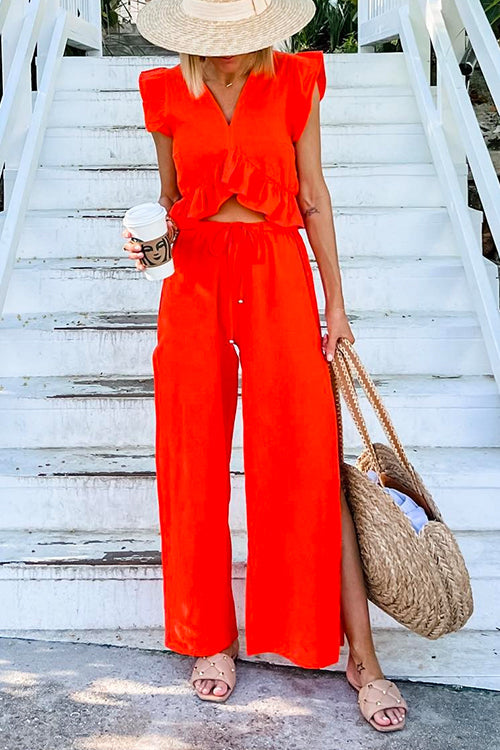 V Neck Ruffle Crop Top and Slit Wide Leg Pants Set