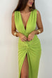 Meridress Deep V Neck Backless Ruched Twist Front Slit Maxi Dress