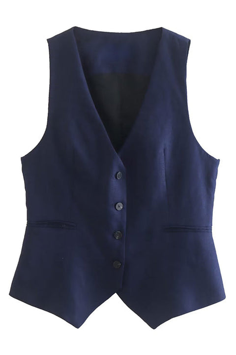 V Neck Button Front Pocketed Waistcoat