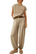 Meridress Short Sleeves Ribbed Knit Pullover Ruched Harem Pants Set