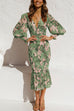 Meridress V Neck Lantern Sleeve Printed Ruffle Dress