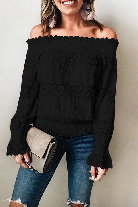 Meridress Off Shoulder Lace Crochet Ruffle Shirt