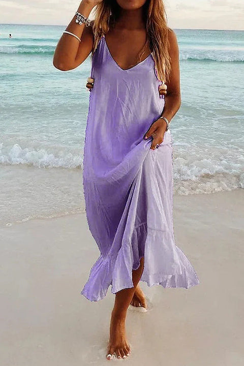 Meridress Solid V Neck Ruffle Cami Beach Dress