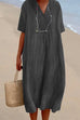 Meridress V Neck Short Sleeve Baggy Cotton Linen Midi Dress